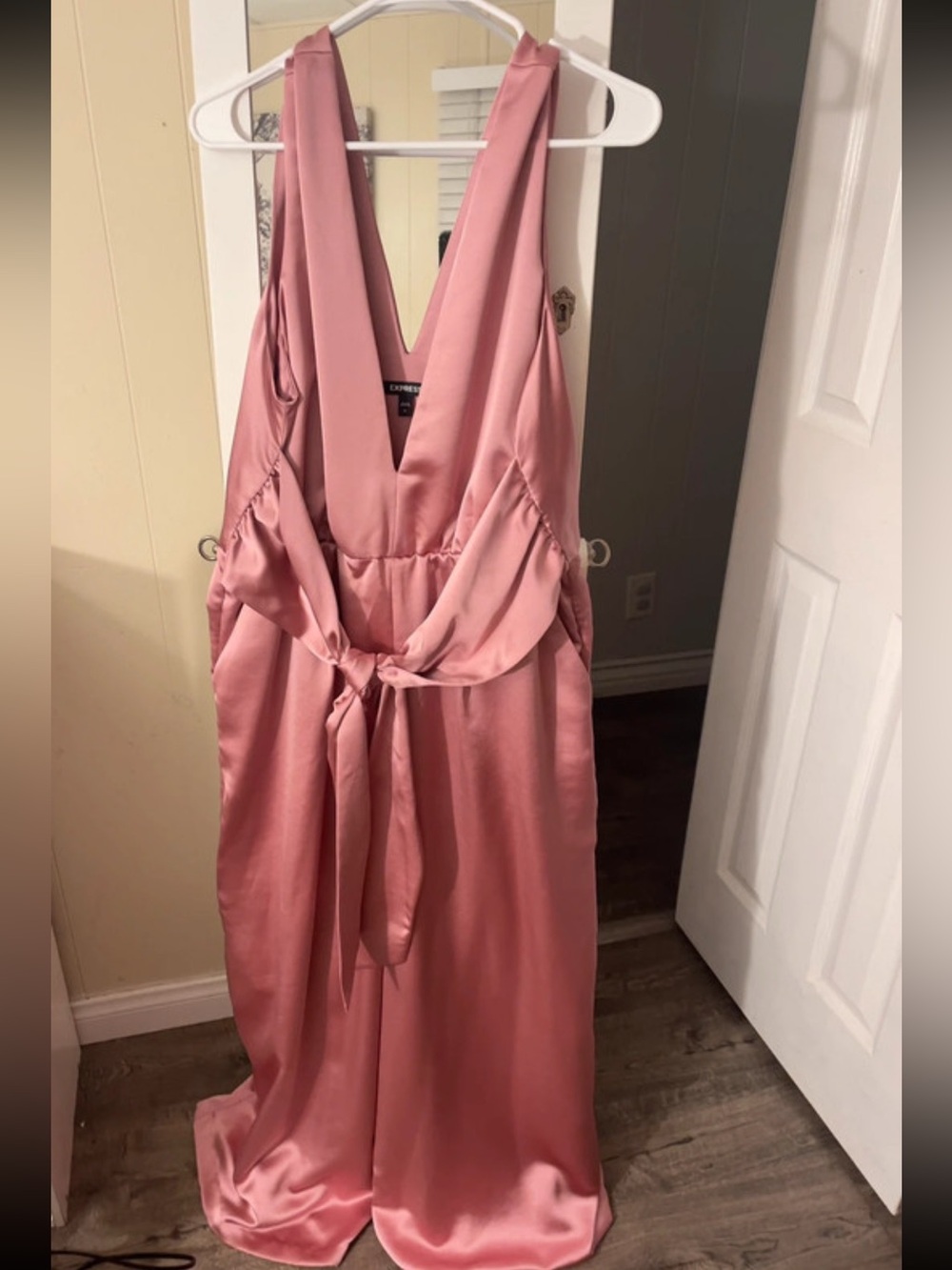 Express Rose Pink Satin Maxi Jumpsuit with Waist Tie